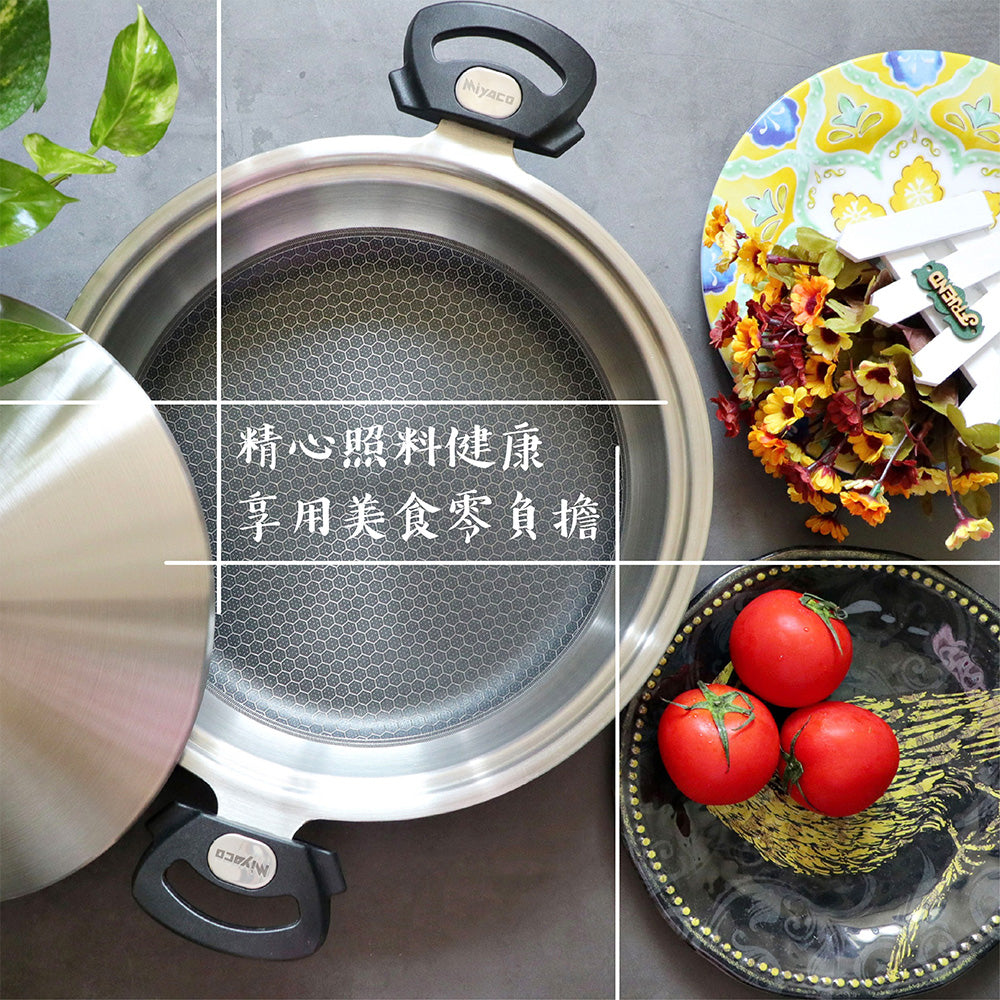 Le idea│Miyaco new 316 stainless steel mesh non-stick pan honeycomb non-stick pan IH with lid 28cm