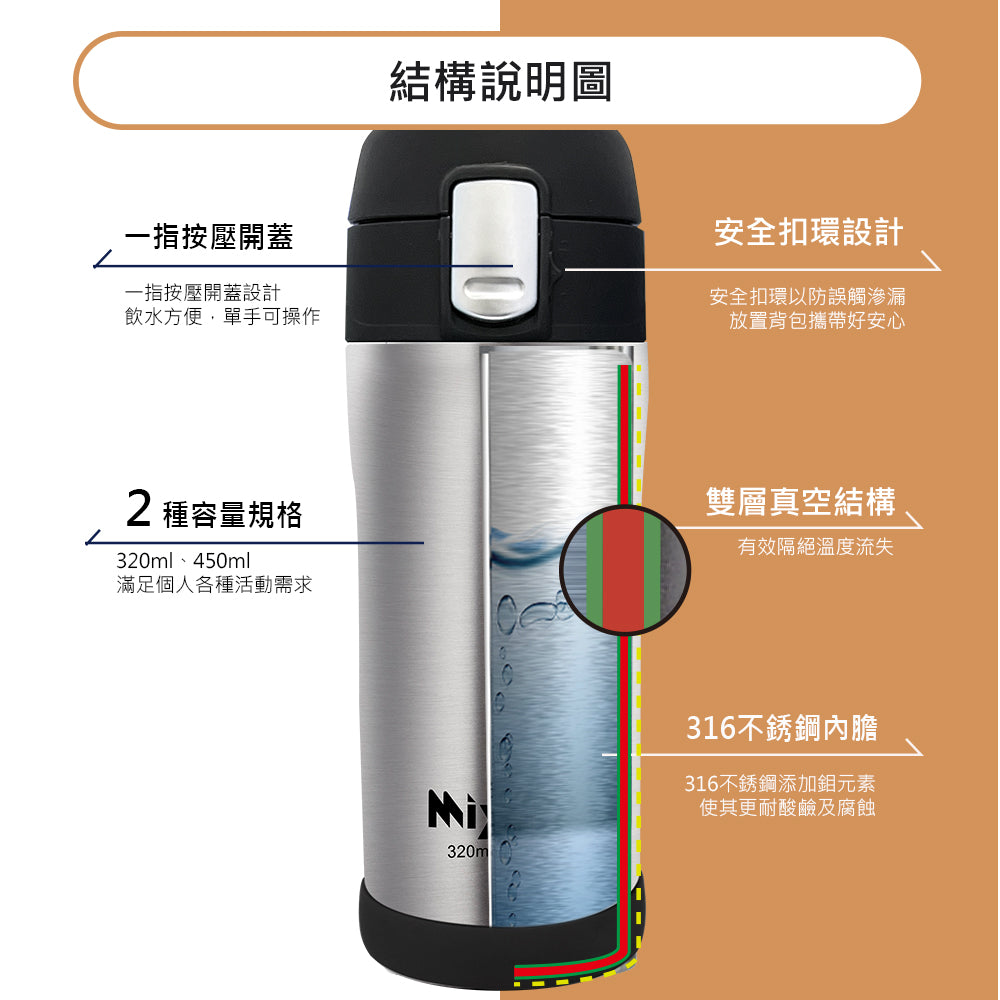 Le idea│Miyaco elegant 316 stainless steel vacuum pop-up insulated cup with pop-up lid direct drinking cup
