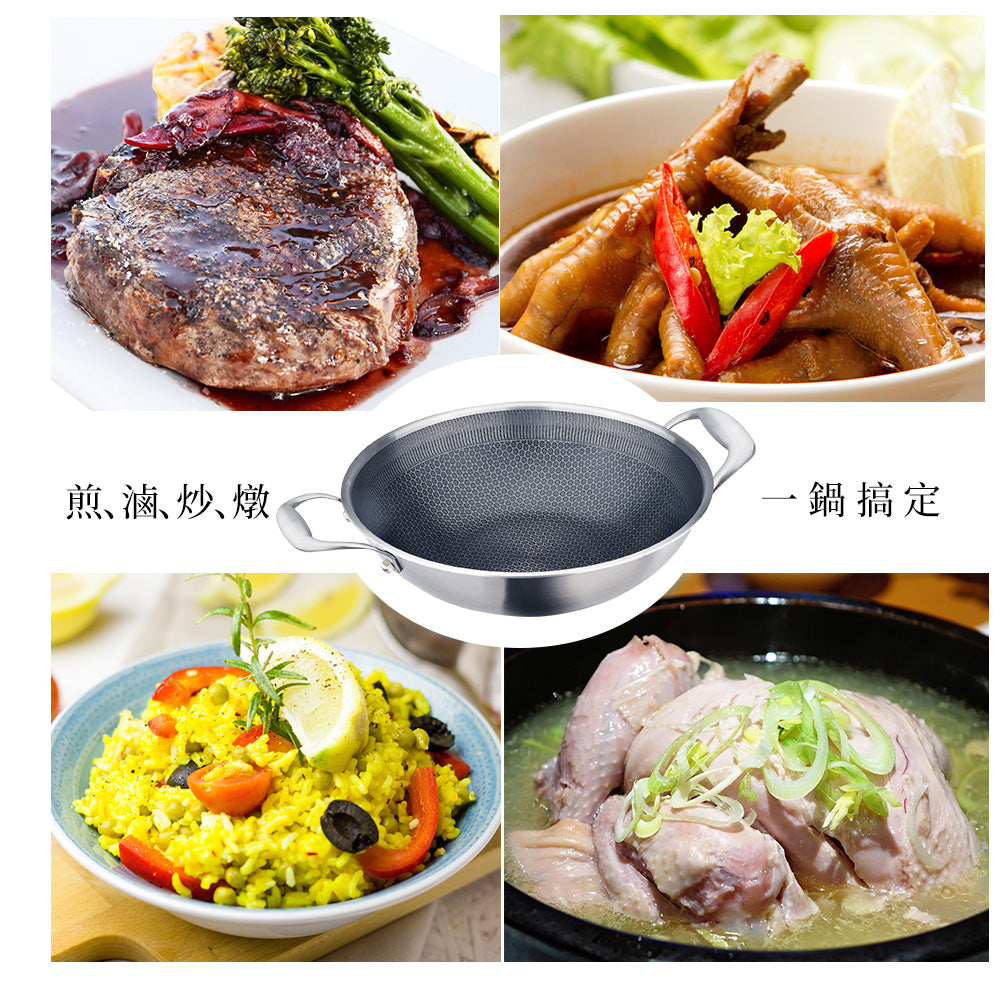 Le idea│PERFECT titanium crystal honeycomb non-stick wok 316 stainless steel eight-layer composite gold with lid