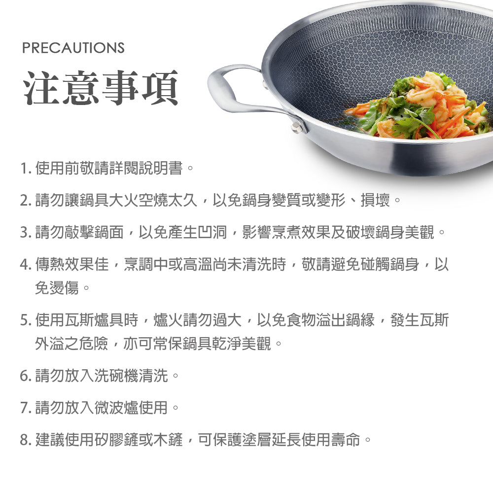 Le idea│PERFECT titanium crystal honeycomb non-stick wok 316 stainless steel eight-layer composite gold with lid