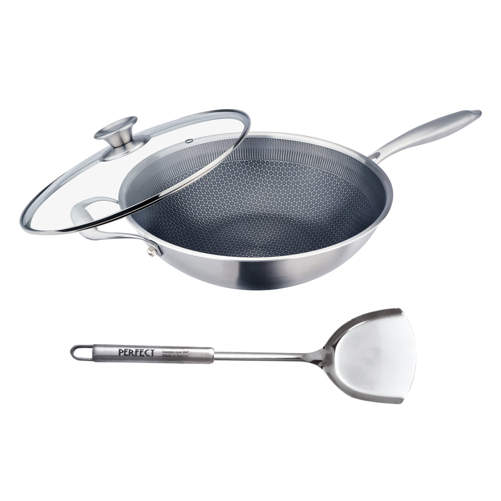 Le idea│PERFECT titanium crystal honeycomb non-stick wok 316 stainless steel eight-layer composite gold with lid