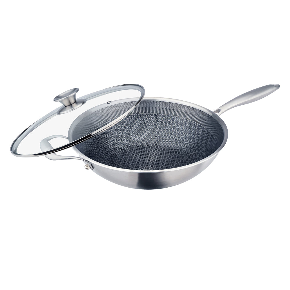 Le idea│CLARE 316 stainless steel non-stick wok honeycomb coated non-stick wok with lid